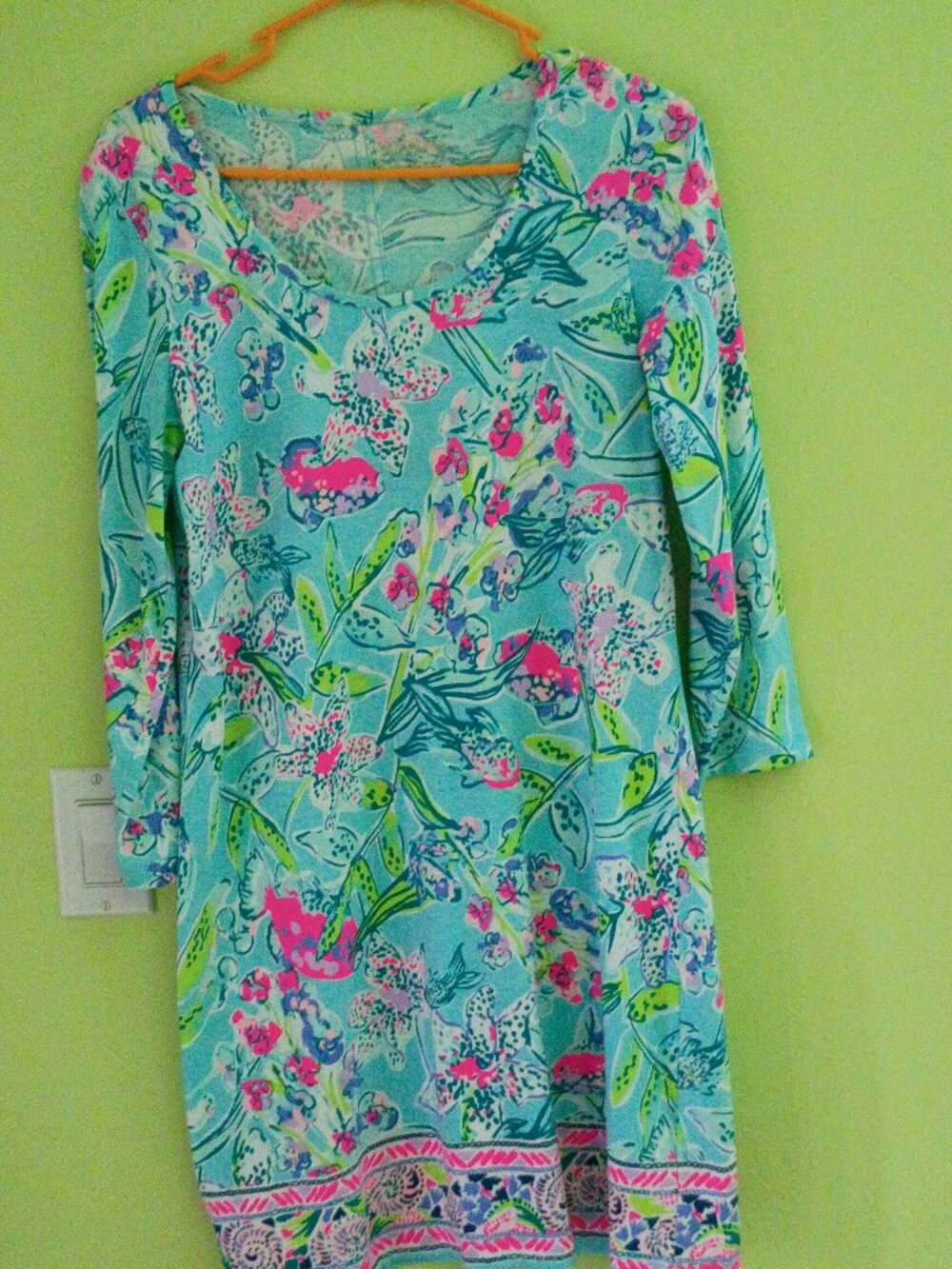 Lilly Pulitzer cotton turquoise pink fish floral 3/4 sleeve scoop neck knee dres